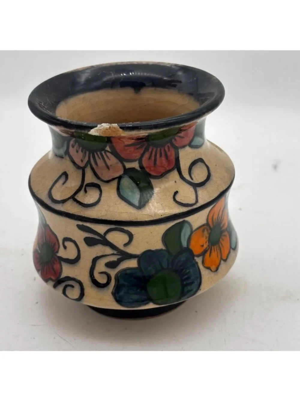 Vintage Hand Painted Floral Pottery Vase Multicolor Flowers Boho Rustic Decor